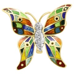 Diamond & Enamel 18 Karat Yellow & White Gold Butterfly Luxury Brooch Pendant