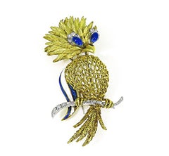 Diamond Enamel 18k Yellow and White Gold Bird Pin