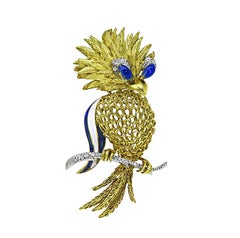 Diamond Enamel 18k Yellow and White Gold Bird Pin