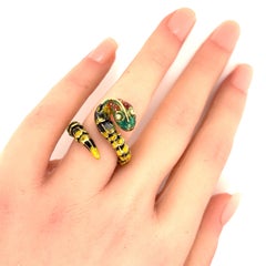 Diamond Enamel 18k Yellow Gold Scale Open Wrap Snake Ring - Size 6