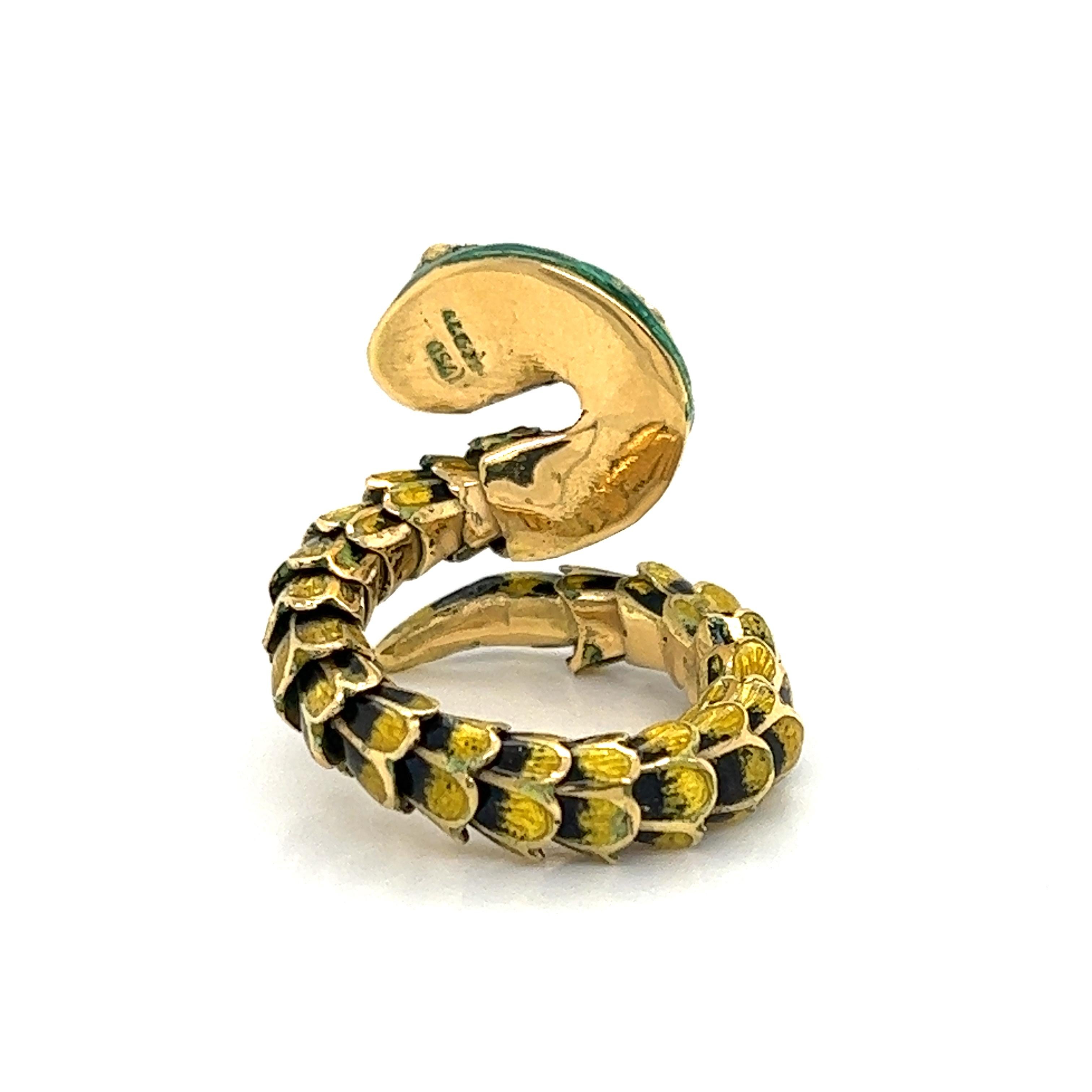 Modern Diamond Enamel 18k Yellow Gold Scale Open Wrap Snake Ring For Sale