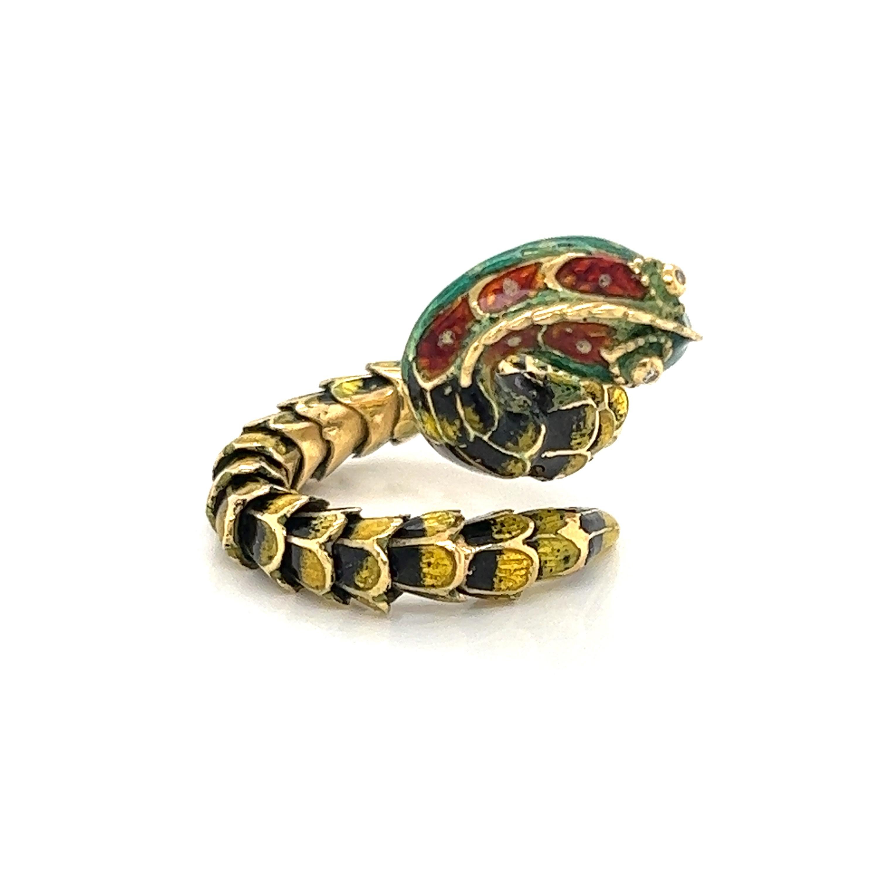 Women's Diamond Enamel 18k Yellow Gold Scale Open Wrap Snake Ring For Sale