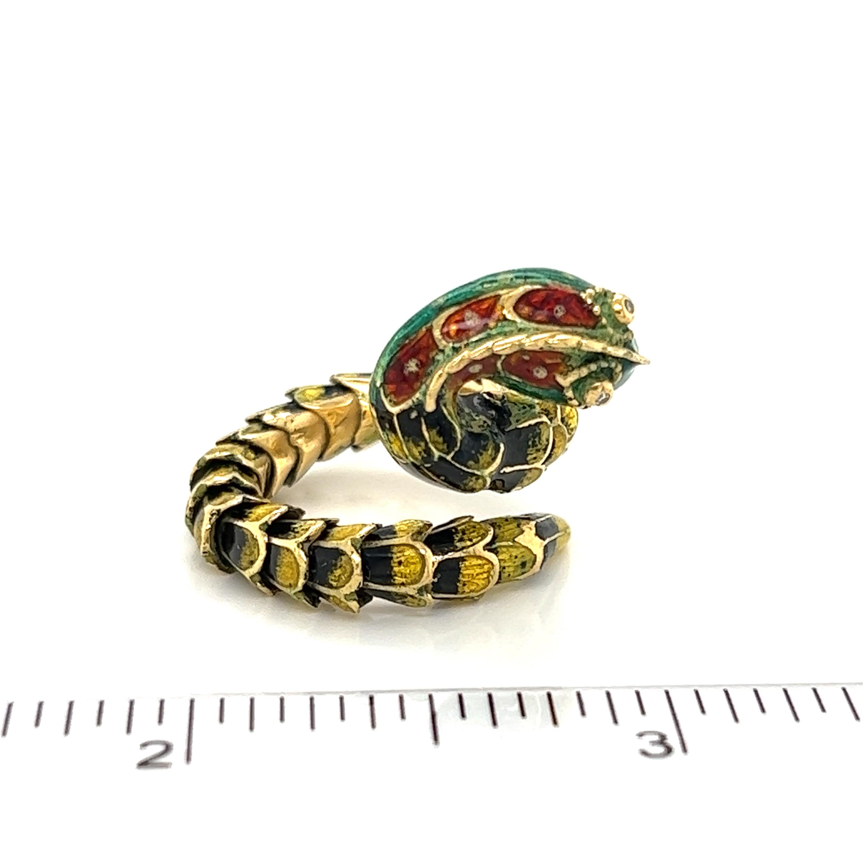 Diamond Enamel 18k Yellow Gold Scale Open Wrap Snake Ring For Sale 3