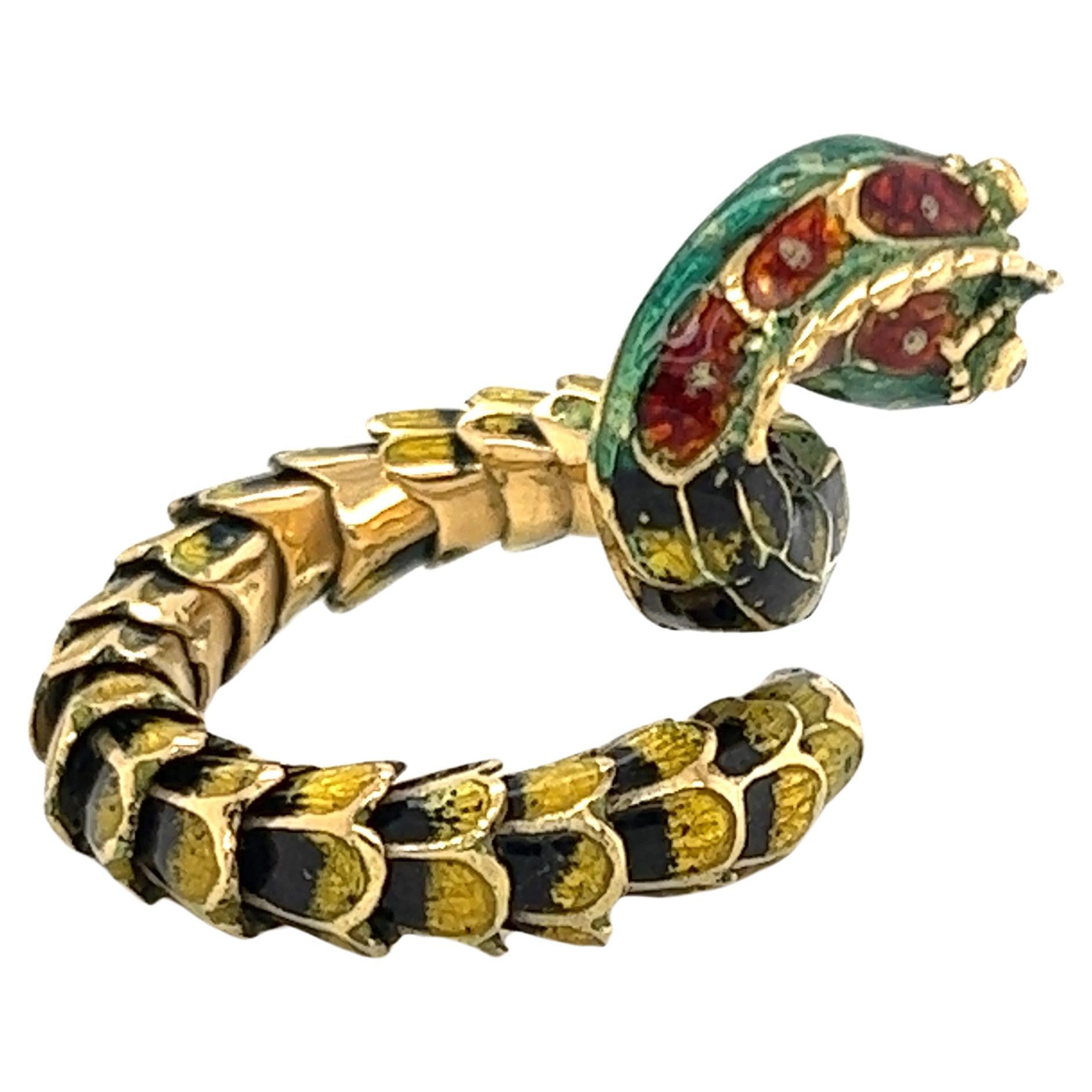 Diamond Enamel 18k Yellow Gold Scale Open Wrap Snake Ring For Sale