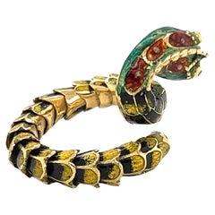 Diamond Enamel 18k Yellow Gold Scale Open Wrap Snake Ring - Size 6
