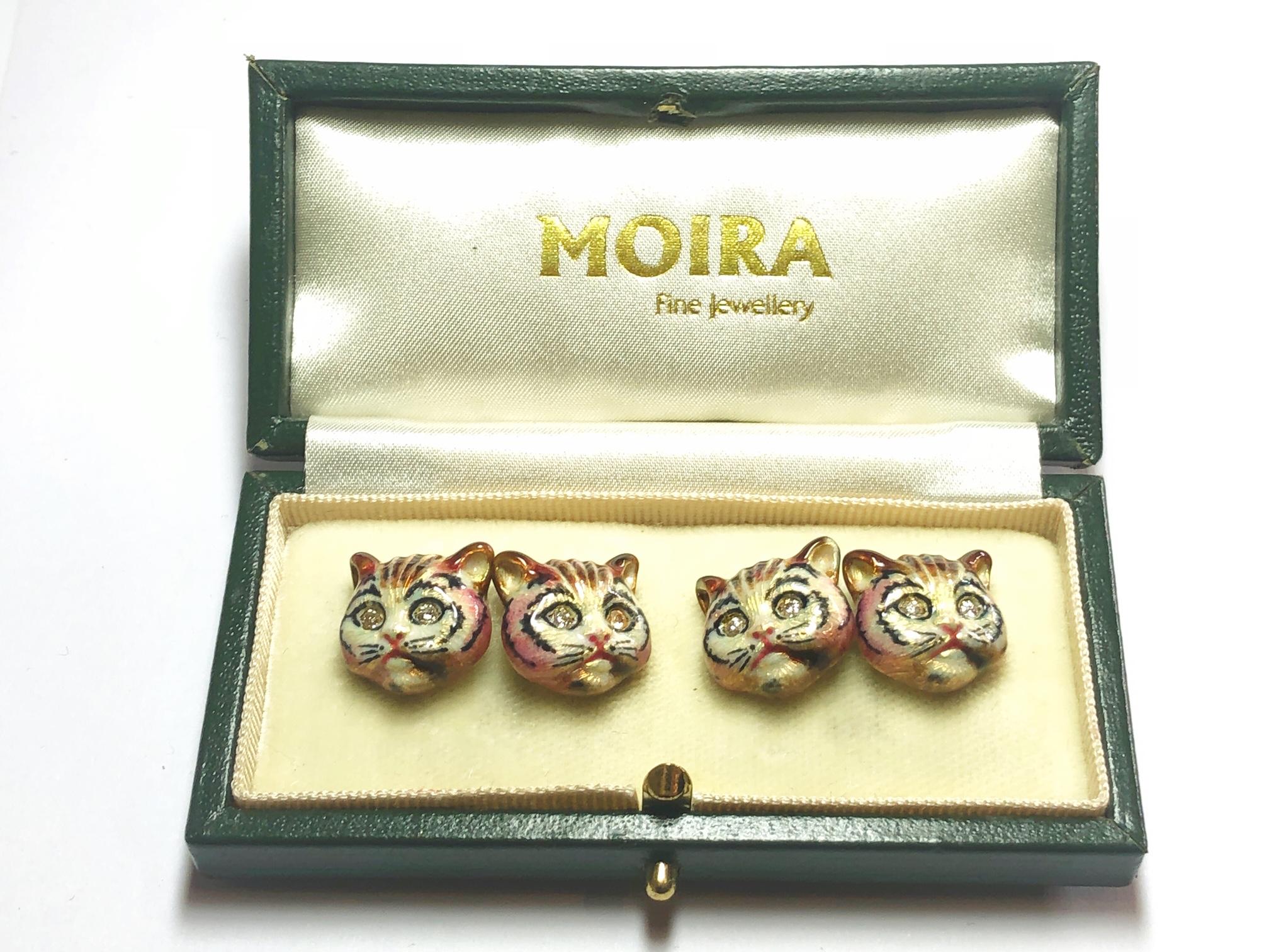 Contemporary Diamond, Enamel and Gold Cat Cufflinks For Sale