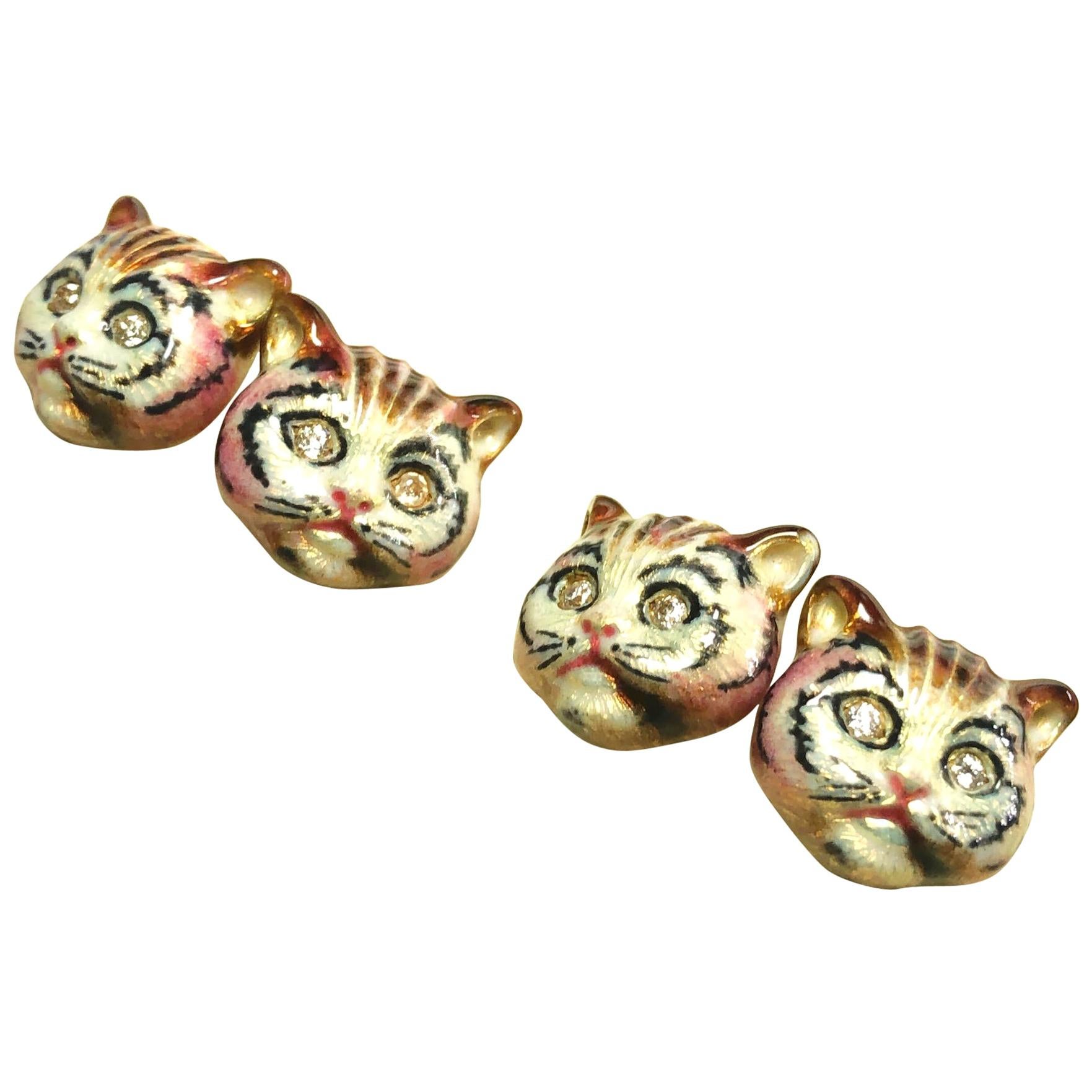 Diamond, Enamel and Gold Cat Cufflinks For Sale