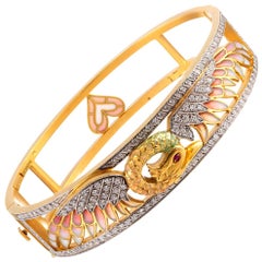 Diamond, Enamel and Ruby Bird Motif Bracelet, Signed Masriera