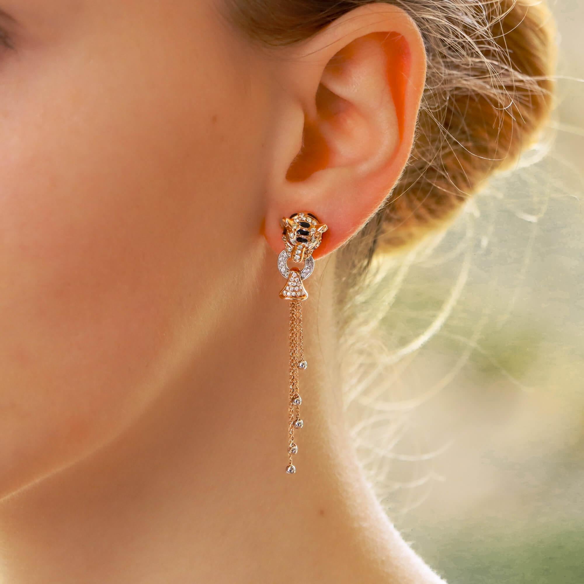 Modern Diamond, Enamel and Ruby Tiger Head Earrings Set in 18k Rose Gold