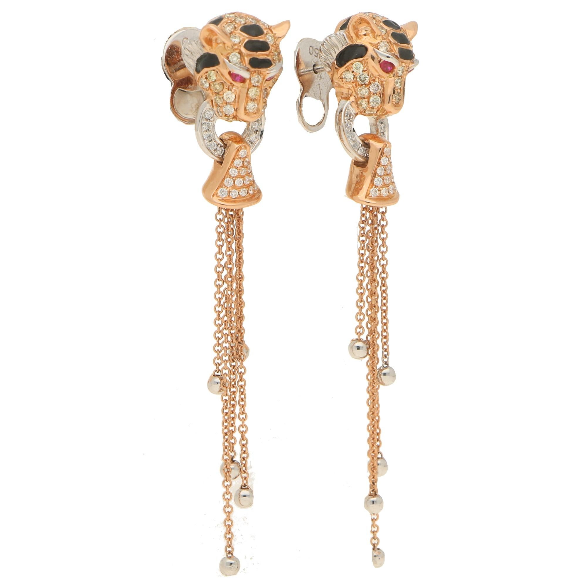 Round Cut Diamond, Enamel and Ruby Tiger Head Earrings Set in 18k Rose Gold