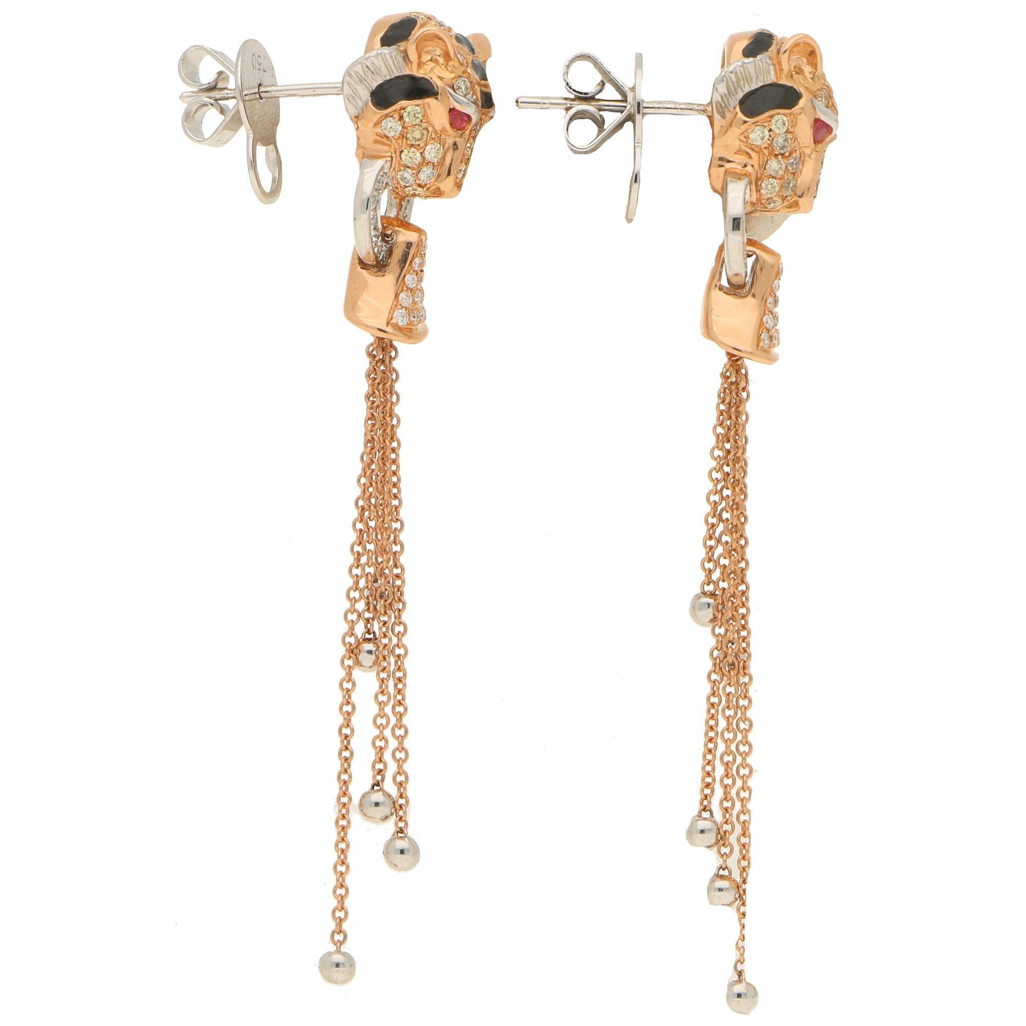 Women's or Men's Diamond, Enamel and Ruby Tiger Head Earrings Set in 18k Rose Gold