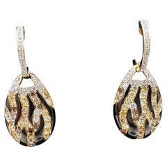Diamond Enamel Animal Stripe Drop Earrings 14kt Yellow Gold 1.25ctw
