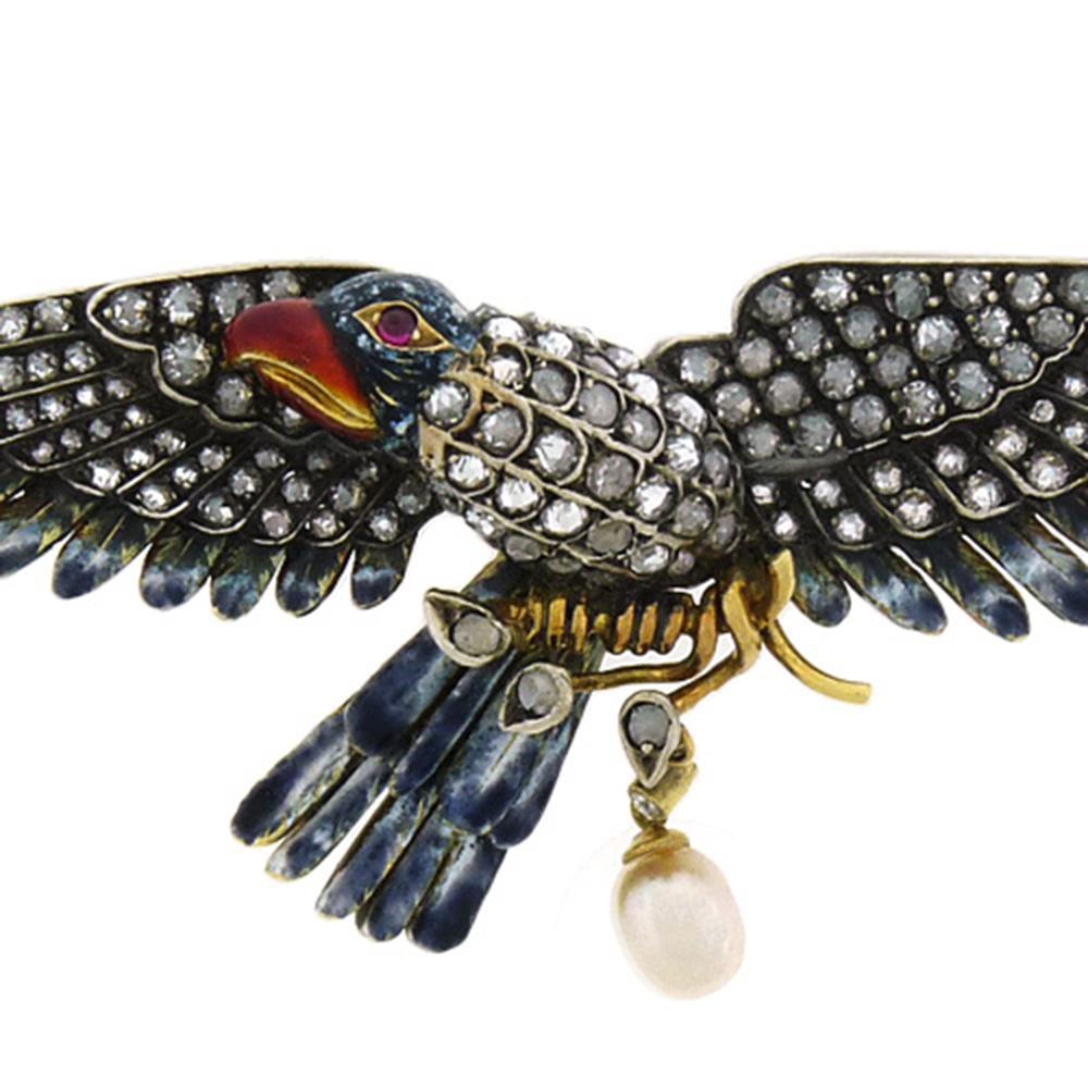 Adlernadeln waren beliebte französische Schmuckstücke, und dieser Adler aus 18 Karat Gold wurde ursprünglich in Frankreich verkauft. Er ist an der breitesten Stelle 3-3/8
