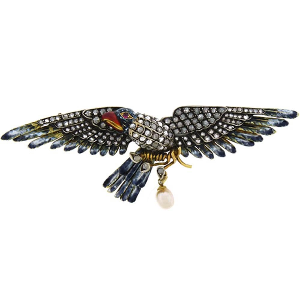 Women's or Men's Diamond Enamel Antique Eagle Brooch For Sale