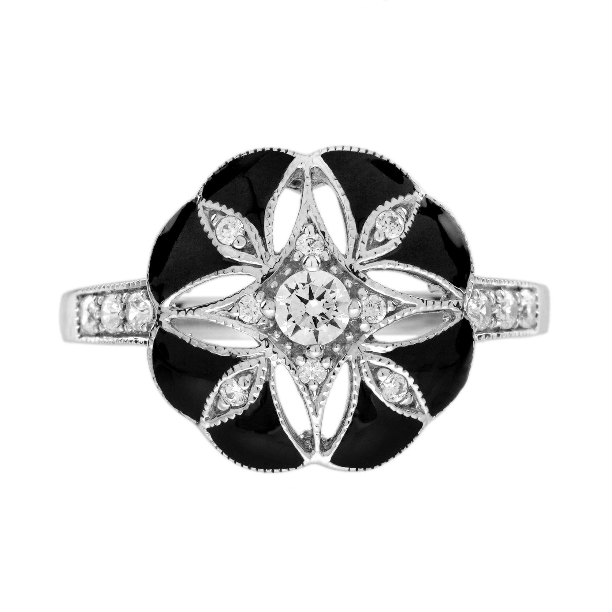 Diamond Enamel Art Deco Style Floral Halo Set in 14K White Gold For Sale 7