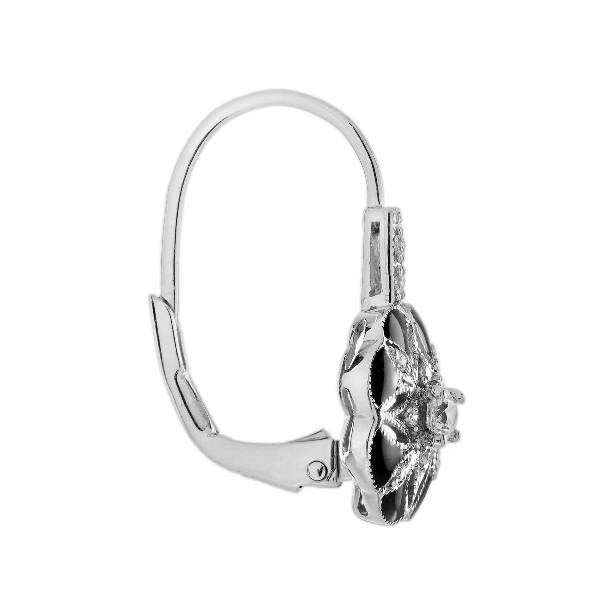Round Cut Diamond Enamel Art Deco Style Floral Halo Set in 14K White Gold For Sale