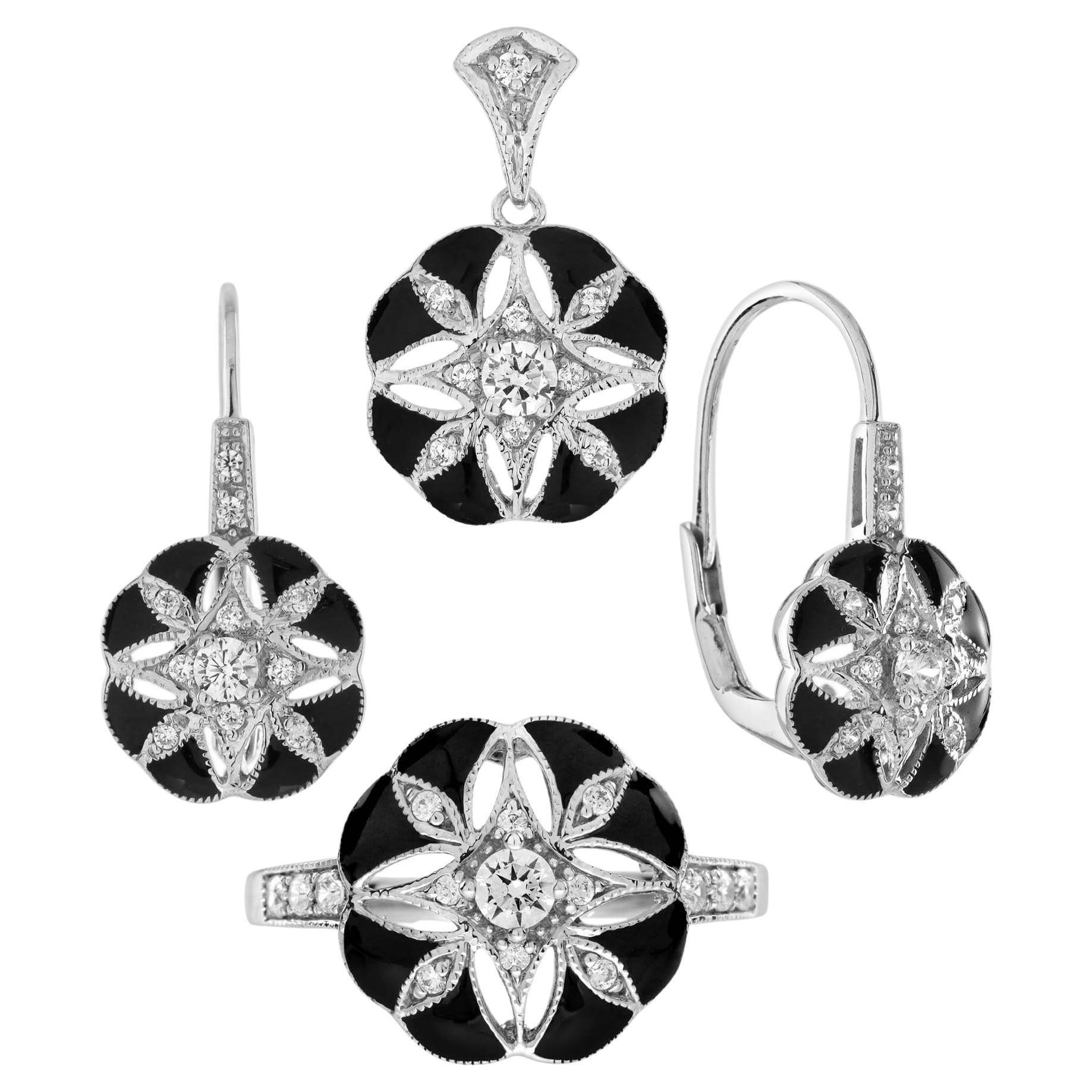 Diamond Enamel Art Deco Style Floral Halo Set in 14K White Gold For Sale