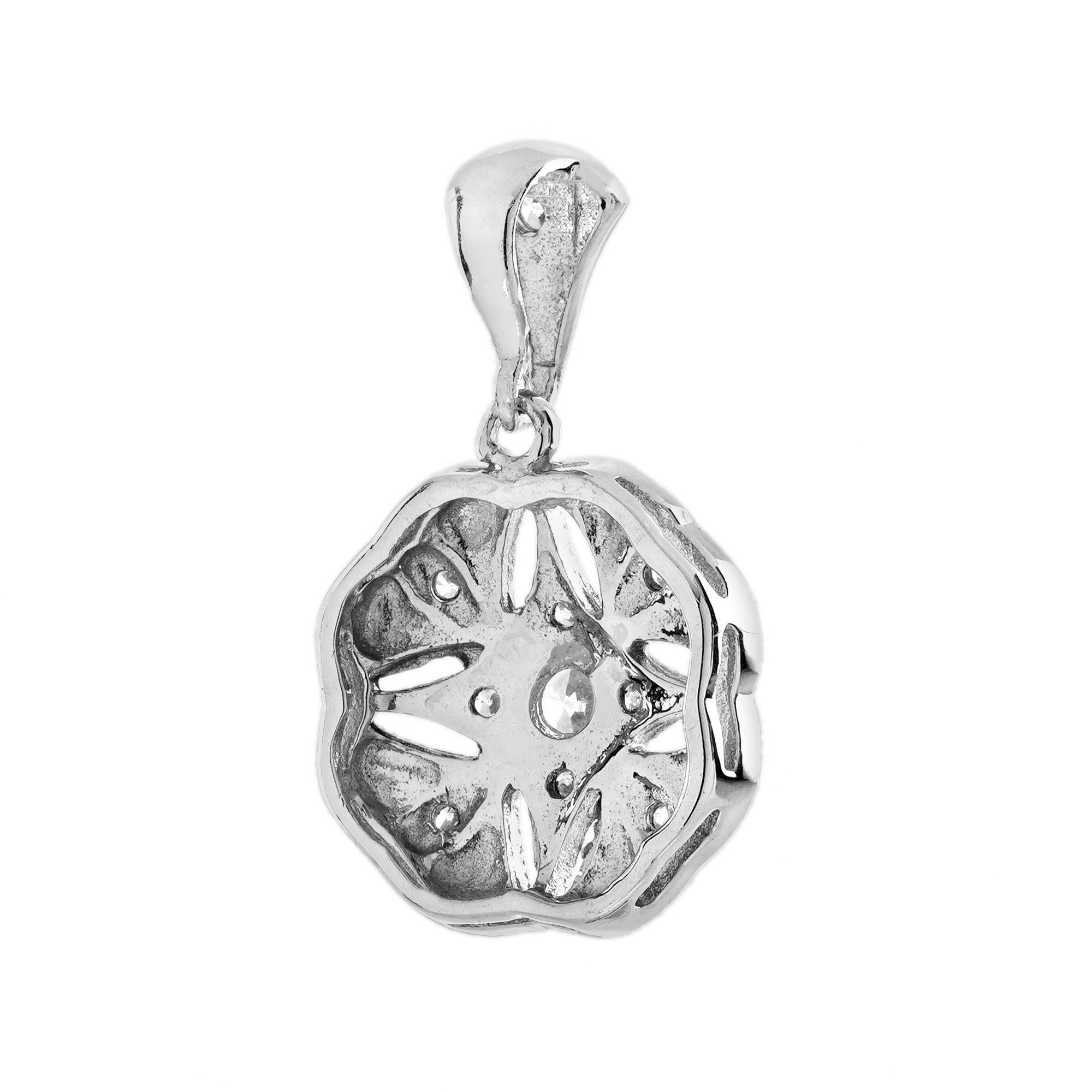 Taille ronde Pendentif floral de style Art déco en or blanc 14 carats, émaillé de diamants en vente