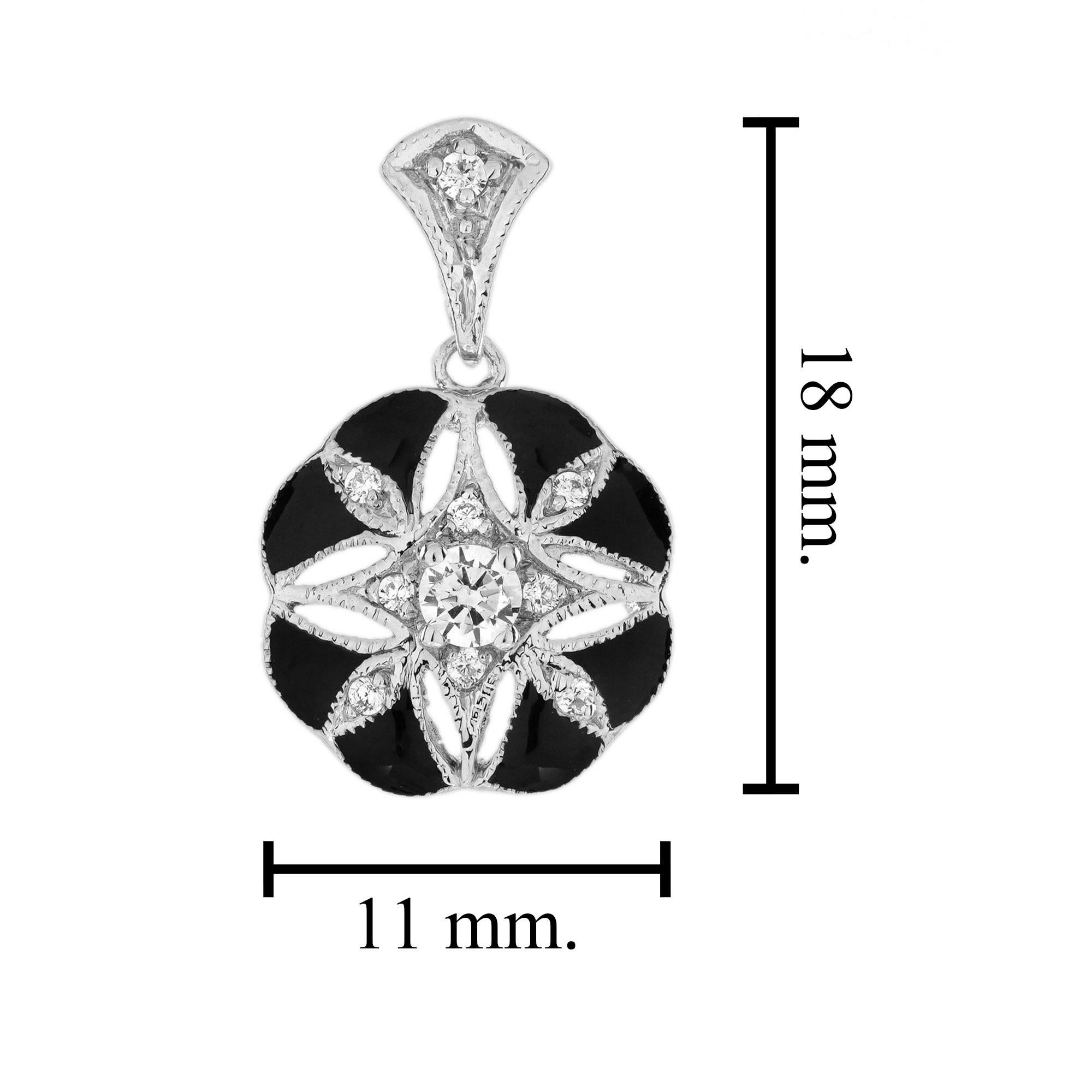 Pendentif floral de style Art déco en or blanc 14 carats, émaillé de diamants Neuf - En vente à Bangkok, TH