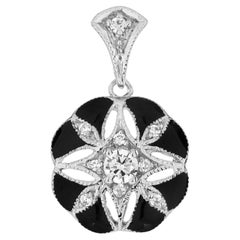 Diamond Enamel Art Deco Style Floral Pendant in 14K White Gold
