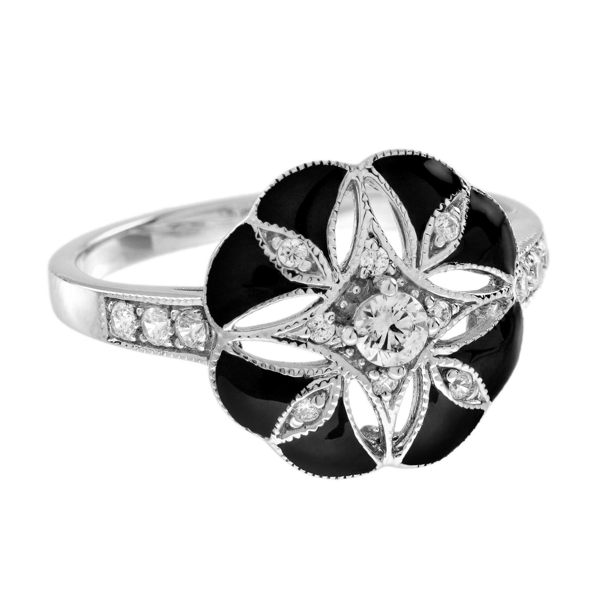 Round Cut Diamond Enamel Art Deco Style Floral Ring in 14K White Gold For Sale