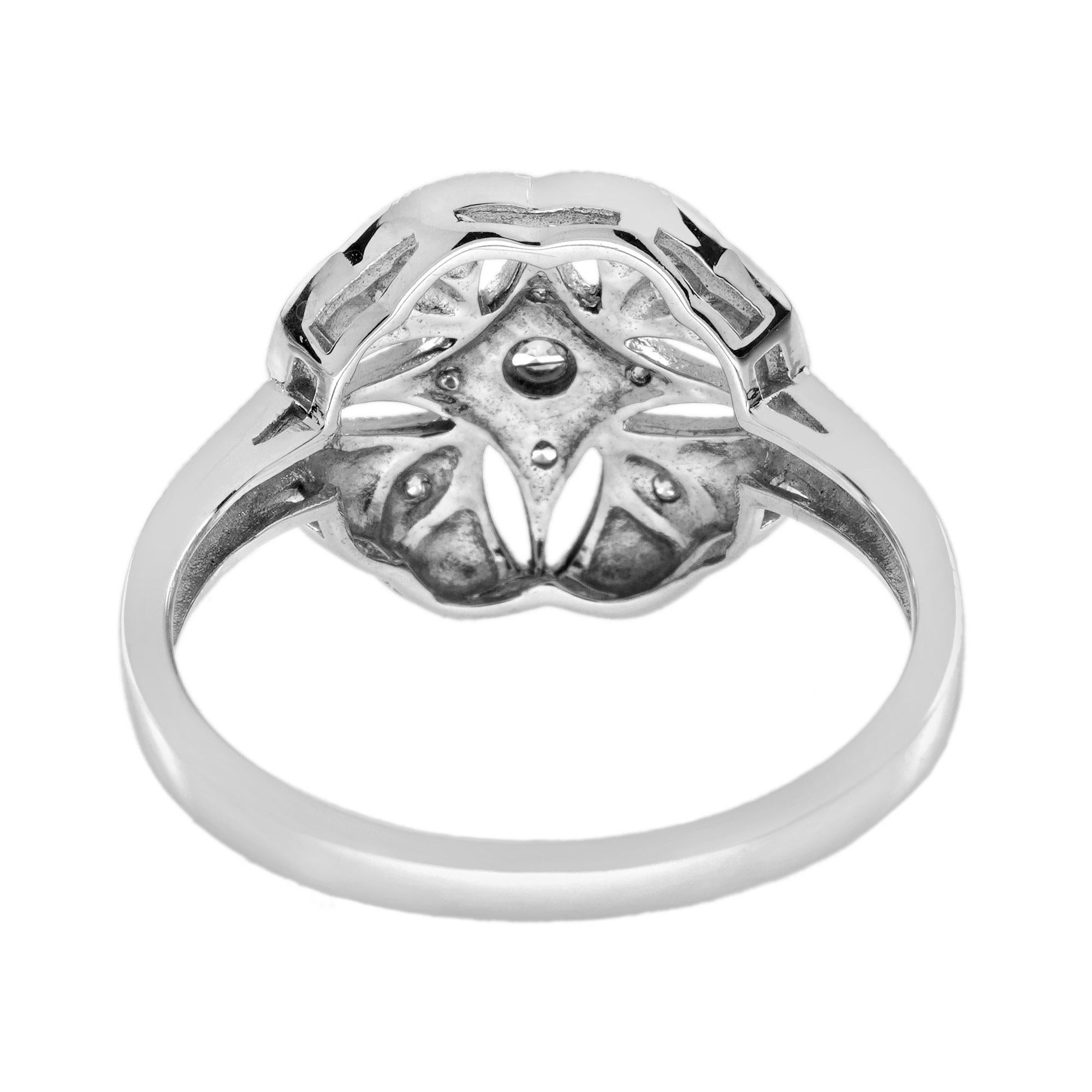 Women's Diamond Enamel Art Deco Style Floral Ring in 14K White Gold For Sale