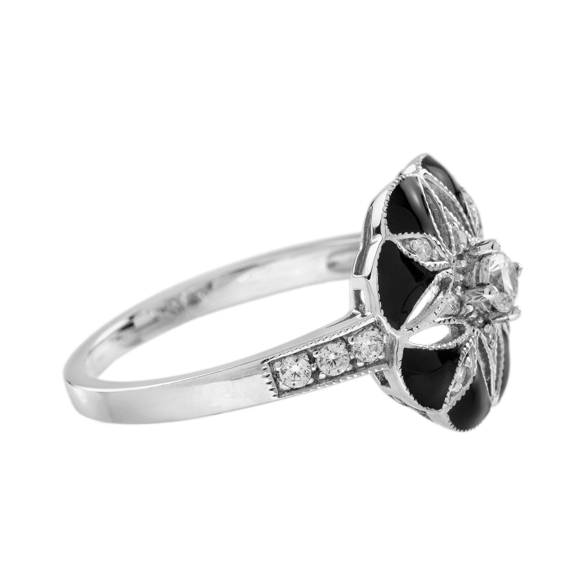 Bague florale de style Art déco en or blanc 14 carats, émaillée de diamants Pour femmes en vente