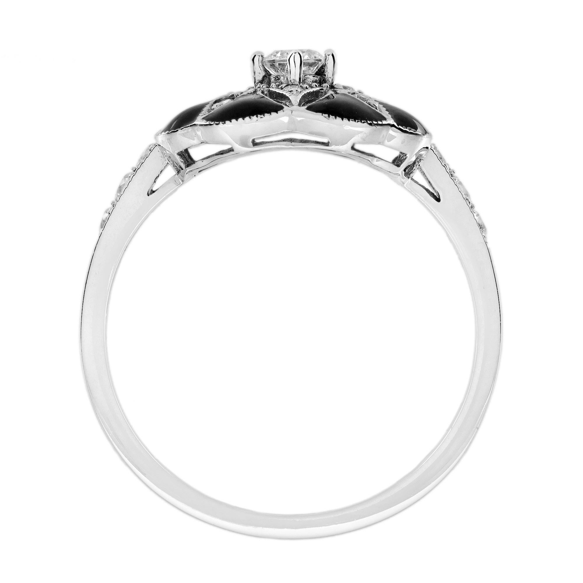 Diamond Enamel Art Deco Style Floral Ring in 14K White Gold For Sale 1