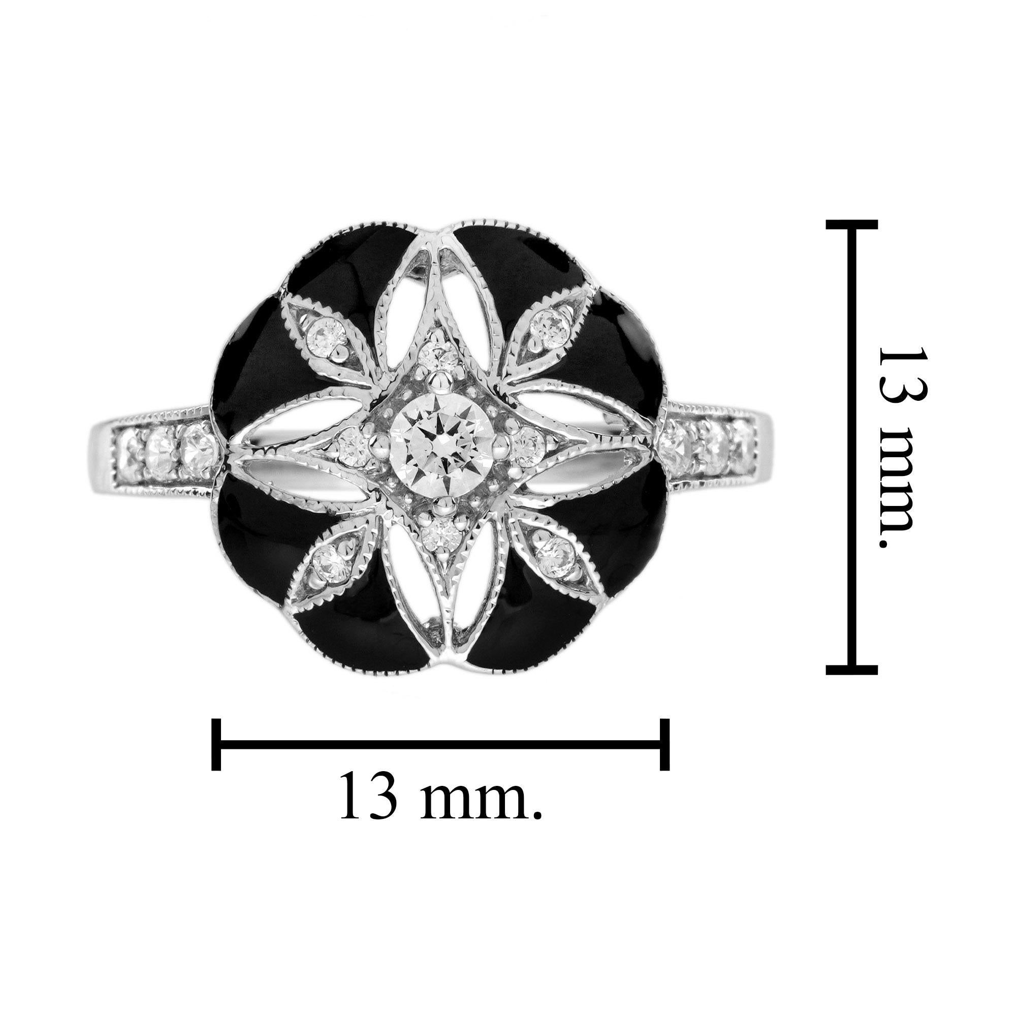 Bague florale de style Art déco en or blanc 14 carats, émaillée de diamants en vente 3