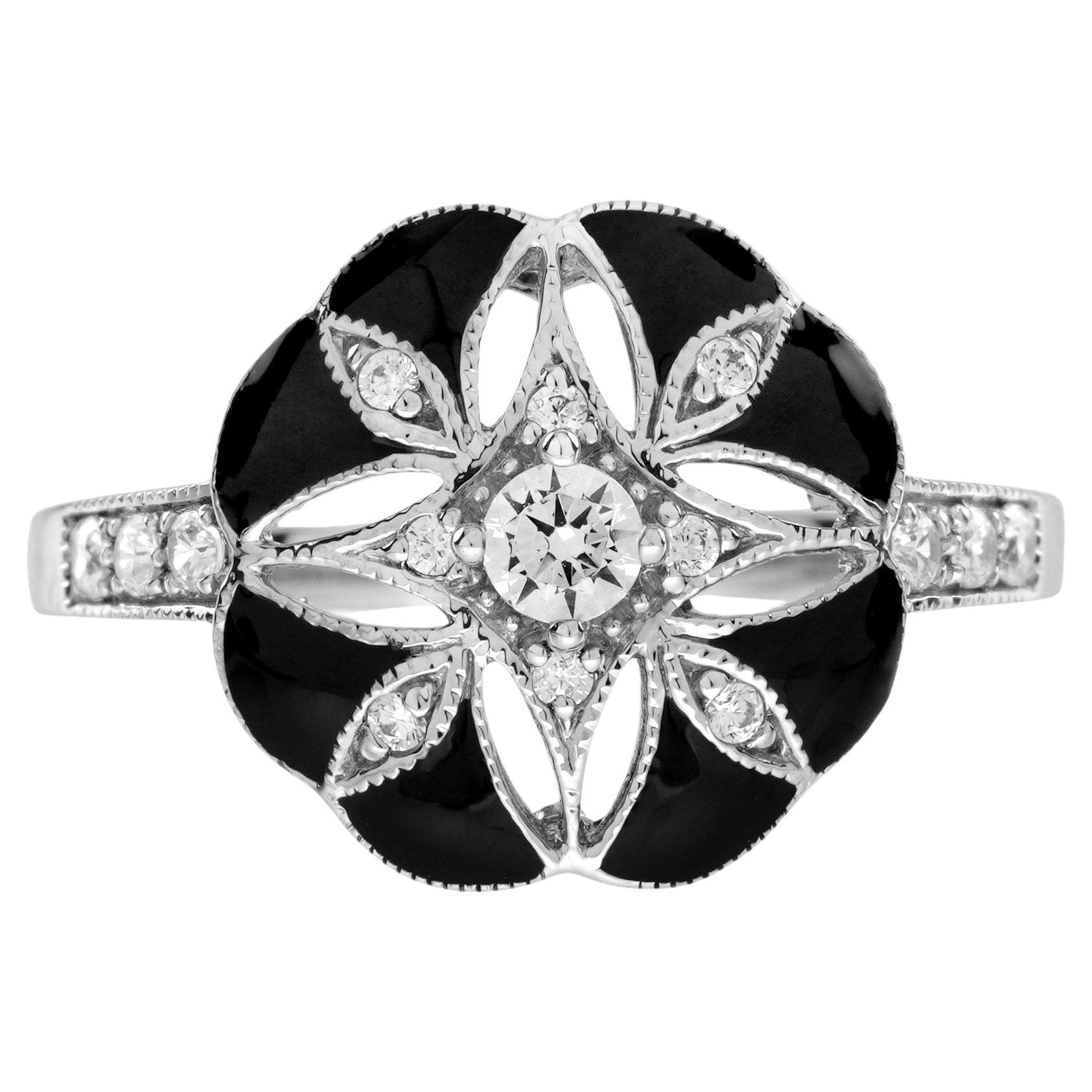 Diamond Enamel Art Deco Style Floral Ring in 14K White Gold