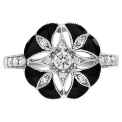 Diamond Enamel Art Deco Style Floral Ring in 14K White Gold