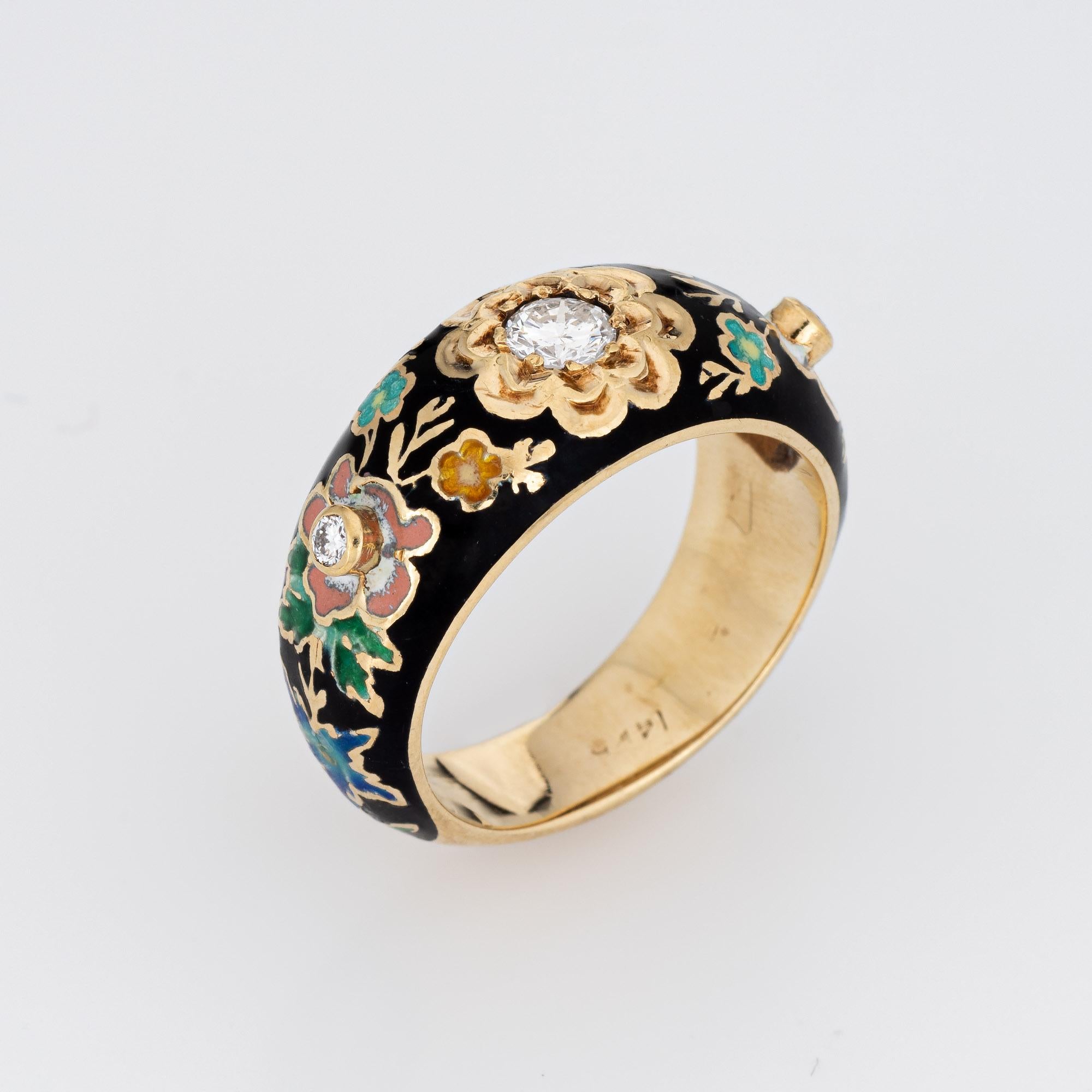 Stylish vintage diamond enamel flower band (circa 1960s to 1970s) crafted in 14 karat yellow gold. 

Center set diamond is estimated at 0.20 carats, accented with two estimated 0.02 carat diamonds. The total diamond weight is estimated at 0.24