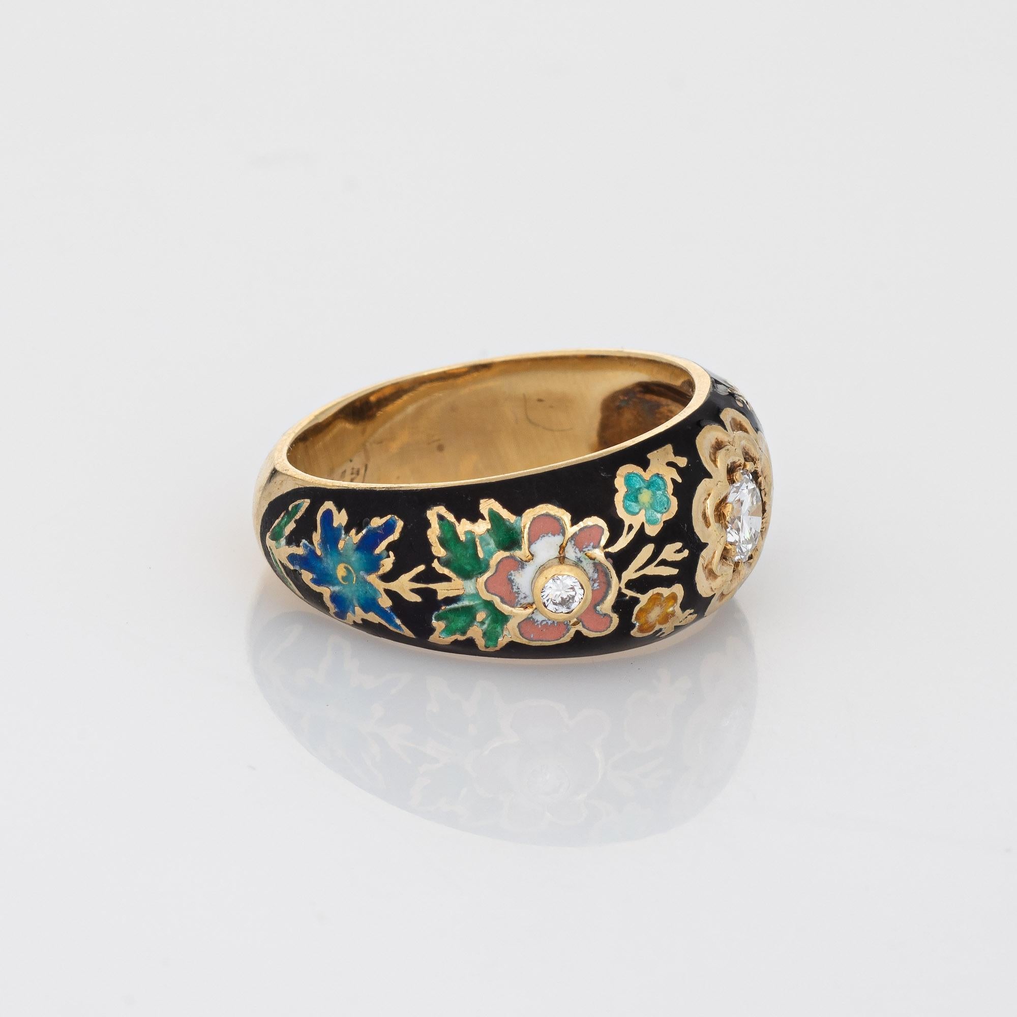 Modern Diamond Enamel Band 14k Yellow Gold Ring Colorful Flowers Stacking