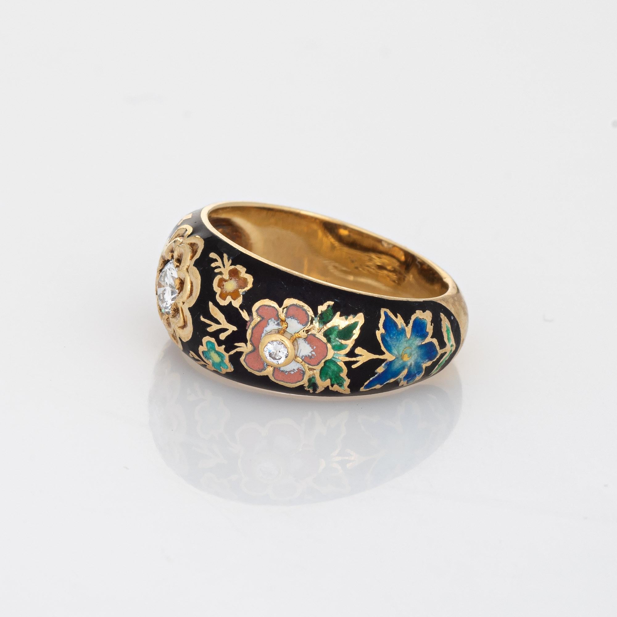 Round Cut Diamond Enamel Band 14k Yellow Gold Ring Colorful Flowers Stacking