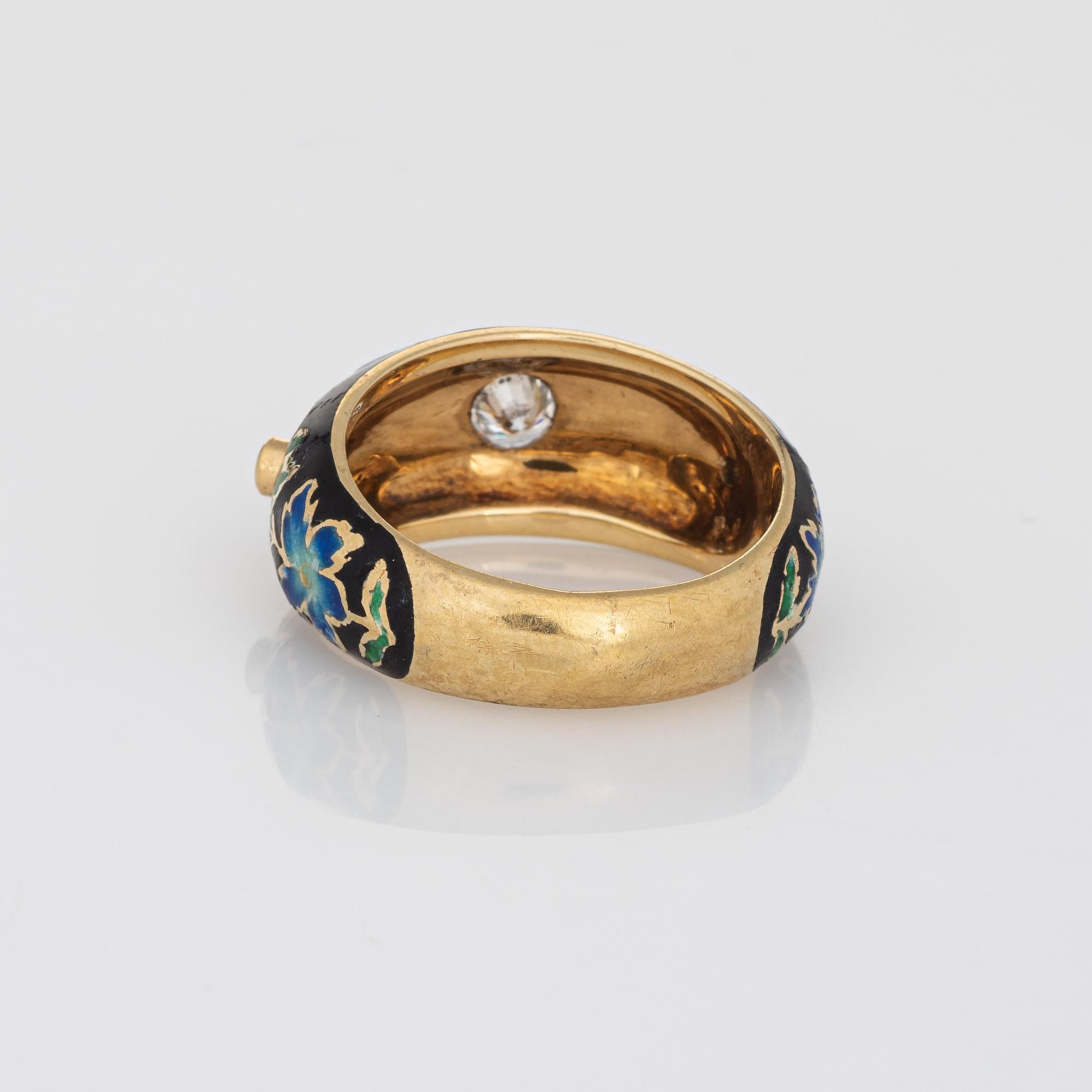 Diamond Enamel Band 14k Yellow Gold Ring Colorful Flowers Stacking In Good Condition In Torrance, CA