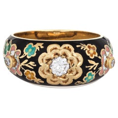 Diamond Enamel Band 14k Yellow Gold Ring Colorful Flowers Stacking