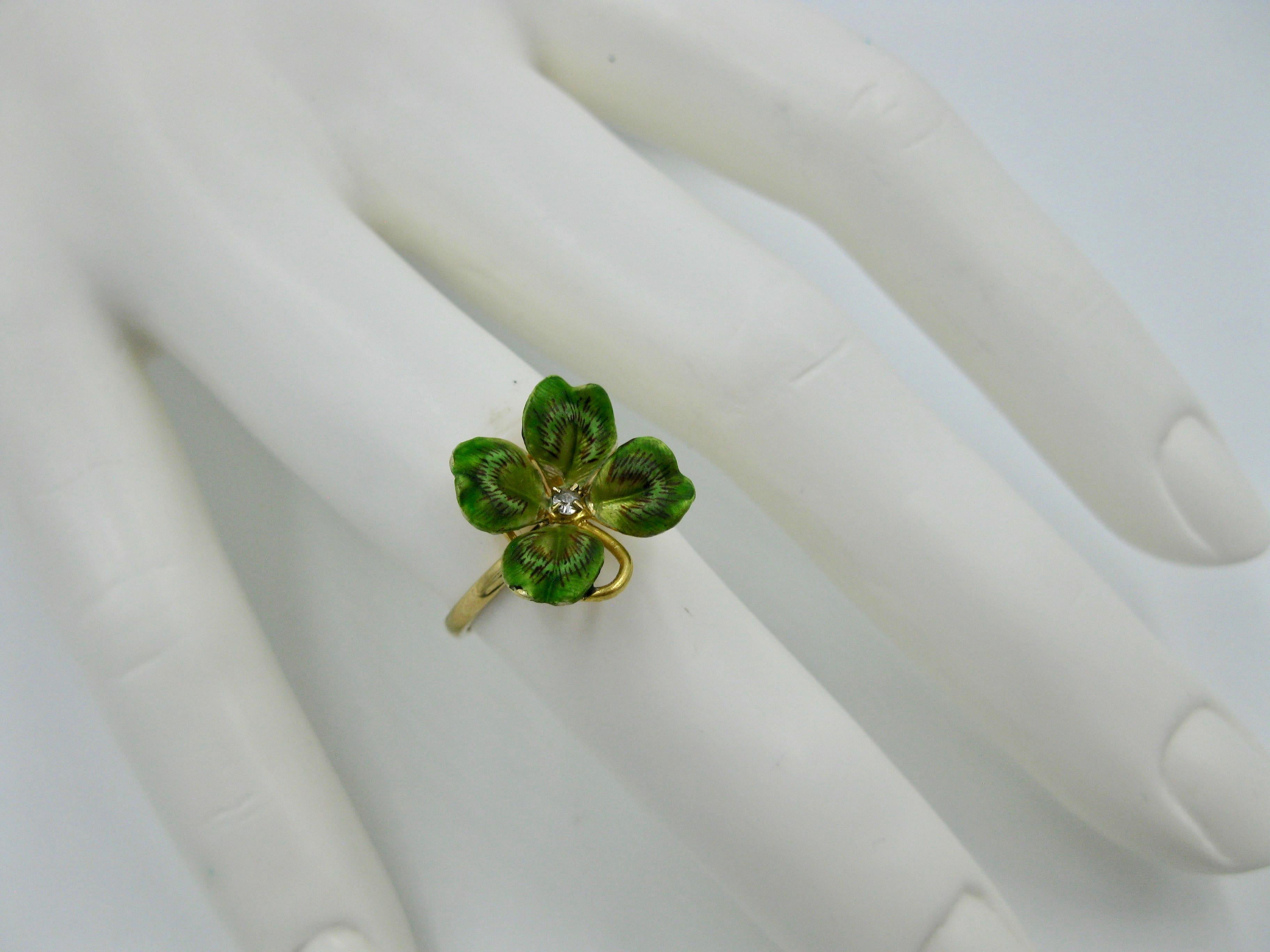 Diamond Enamel Clover Shamrock Flower Ring Antique Victorian 14 Karat Gold 4