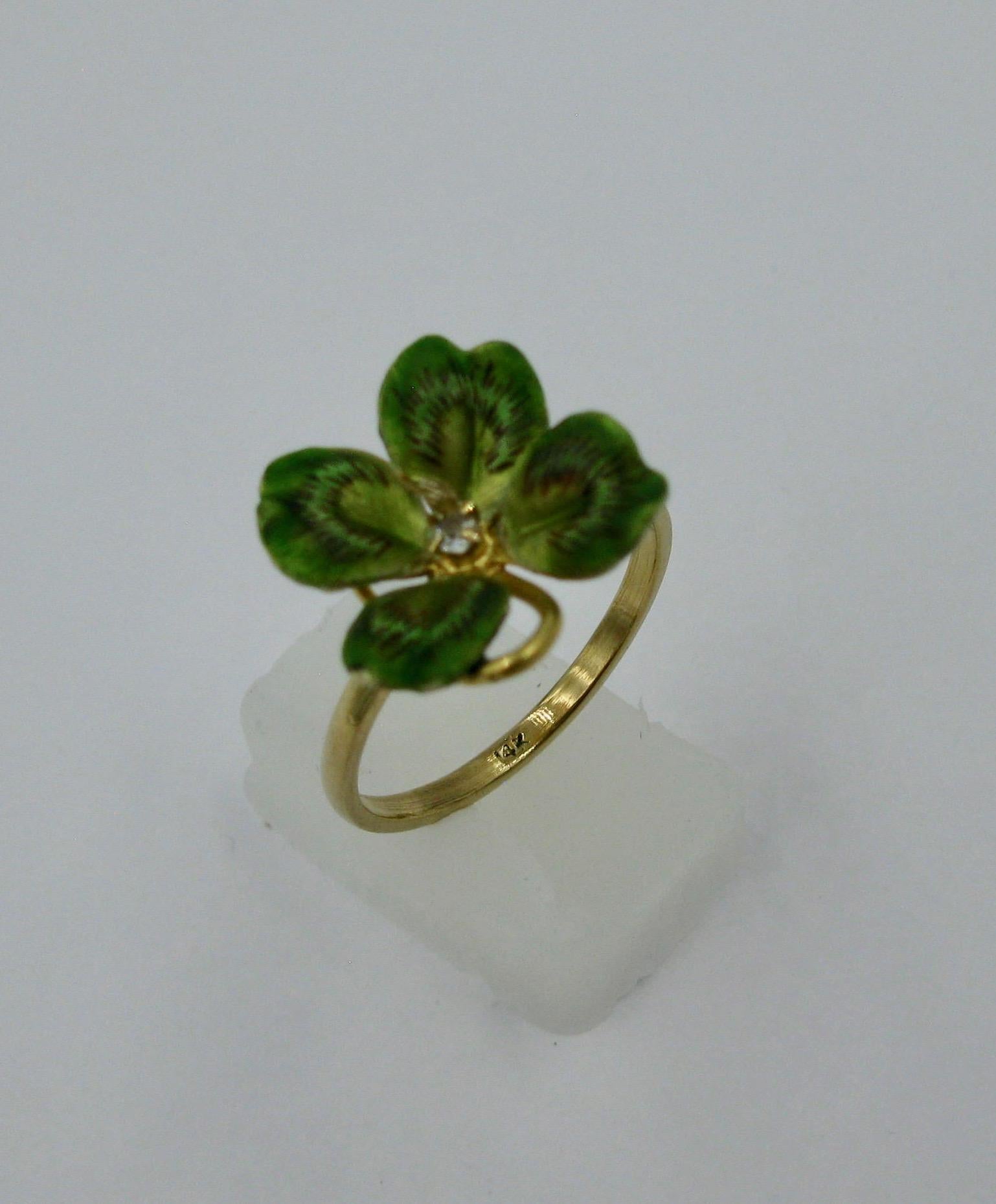 Diamond Enamel Clover Shamrock Flower Ring Antique Victorian 14 Karat Gold 5