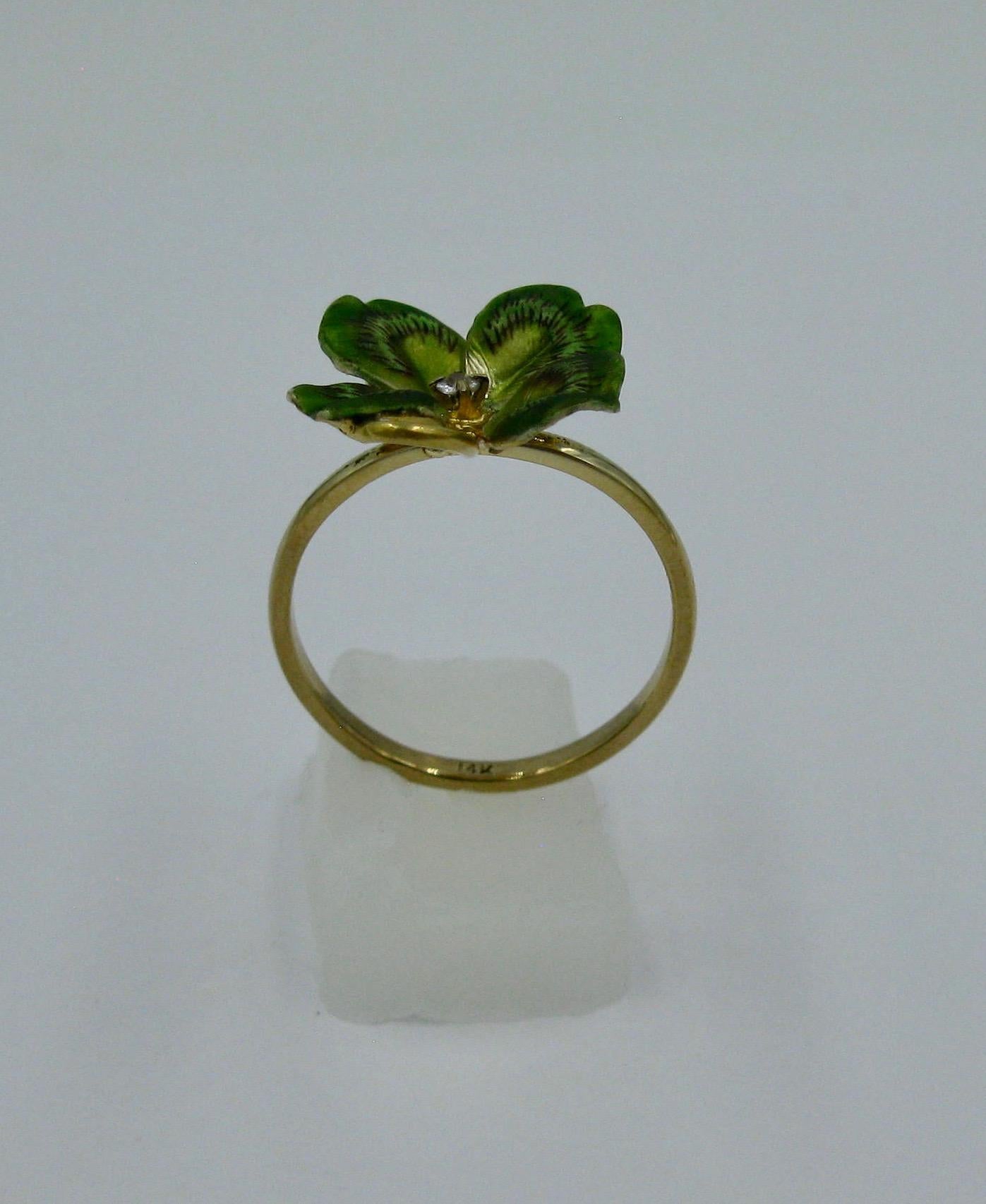 Diamond Enamel Clover Shamrock Flower Ring Antique Victorian 14 Karat Gold 1