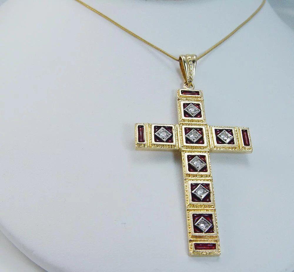 Round Cut Diamond Enamel Cross Pendant 18K Gold Vintage For Sale
