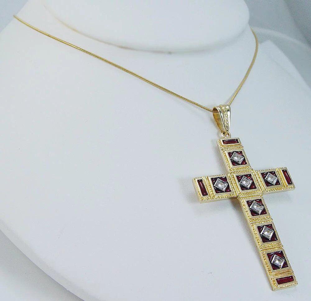 Women's Diamond Enamel Cross Pendant 18K Gold Vintage For Sale
