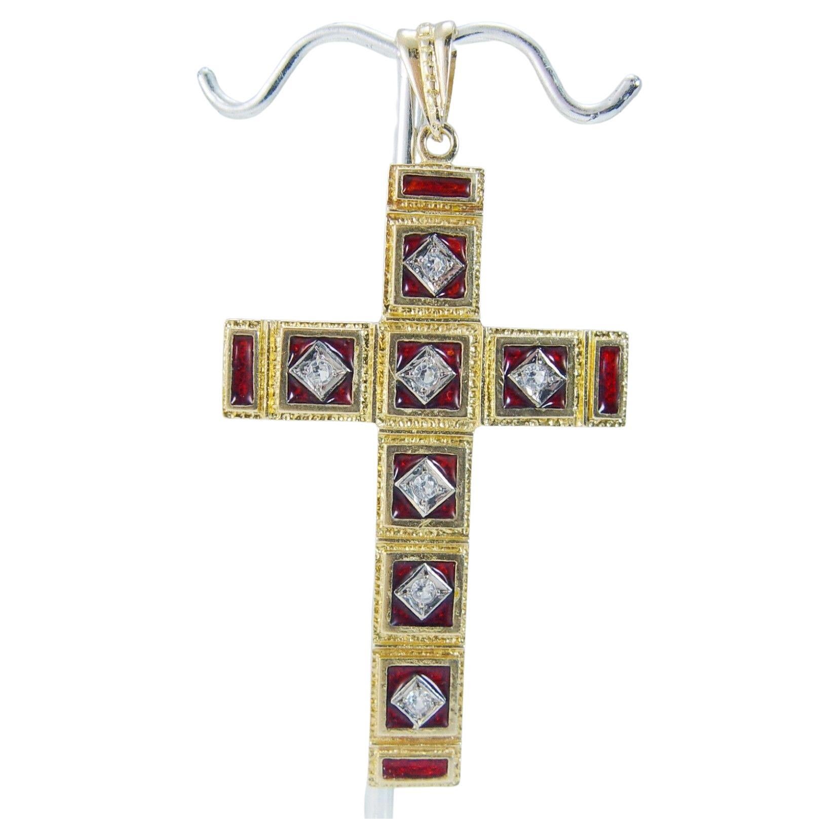 Diamond Enamel Cross Pendant 18K Gold Vintage For Sale