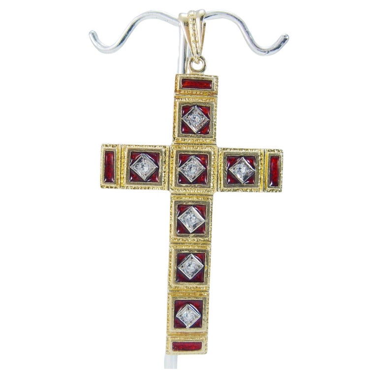 Diamond Enamel Cross Pendant 18K Gold Vintage For Sale at 1stDibs