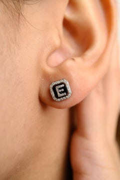 Diamond Enamel E Initial Pushback Studs Earrings in 18k Solid White Gold