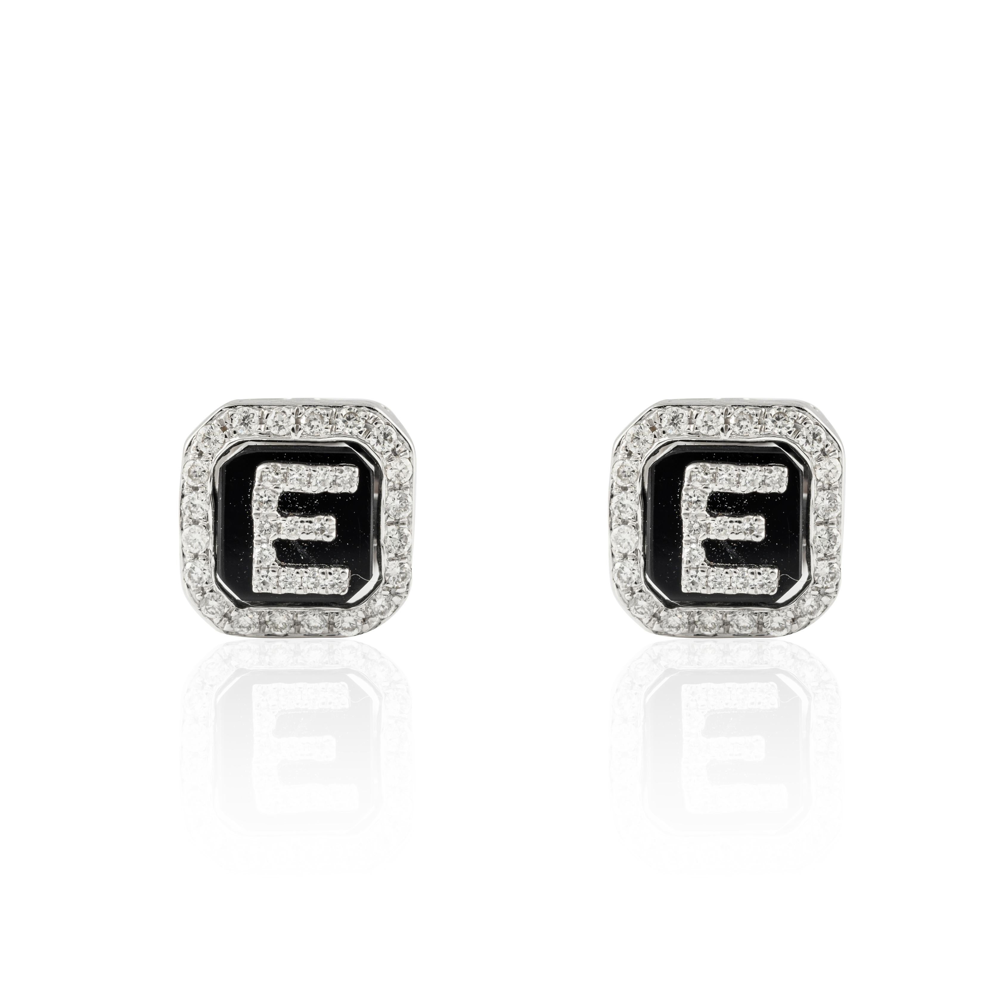Art Deco Diamond Enamel E Initial Pushback Studs Earrings in 18k Solid White Gold For Sale
