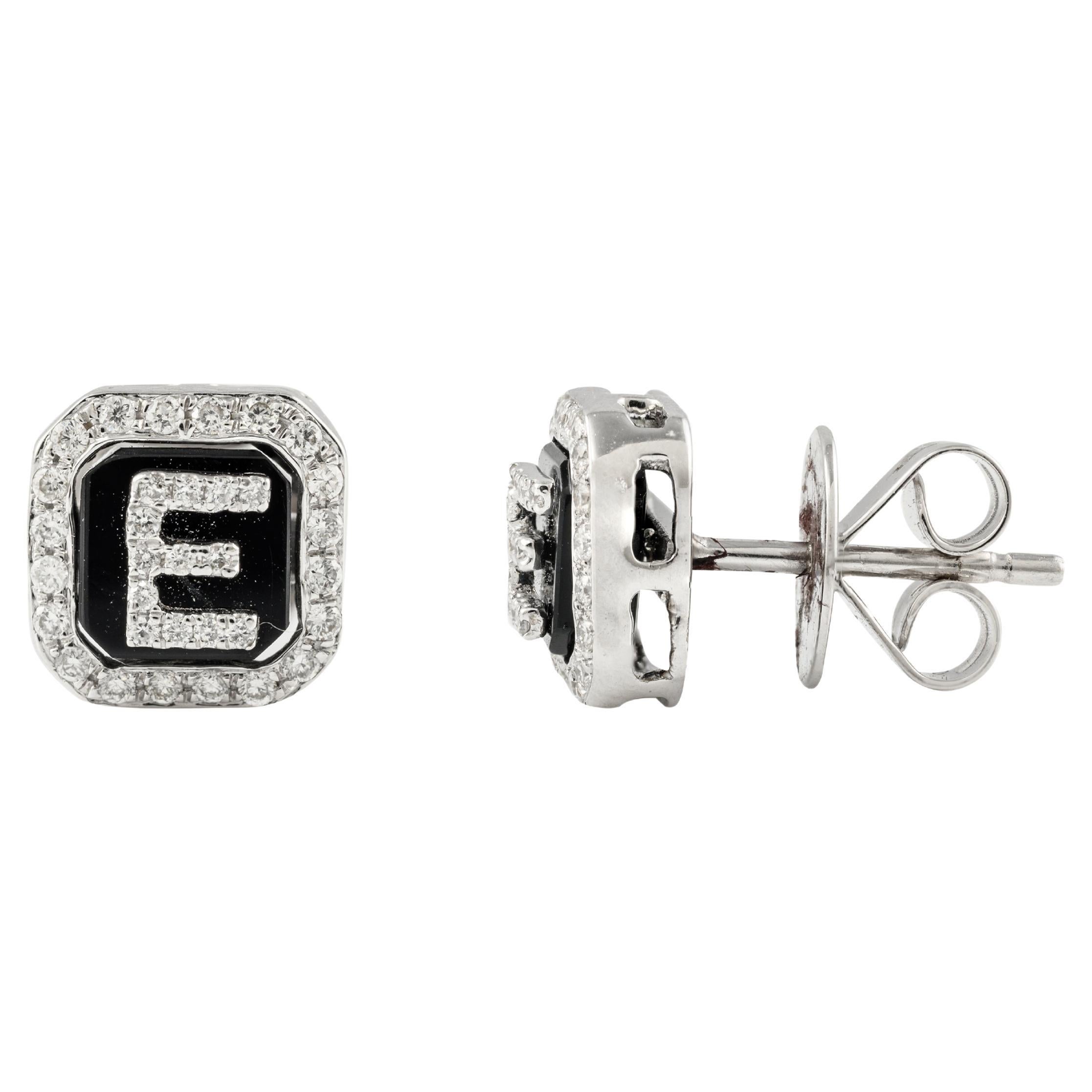 Diamond Enamel E Initial Pushback Studs Earrings in 18k Solid White Gold For Sale