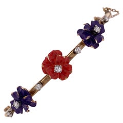 Diamond Enamel Floral Vintage Bangle Bracelet 14 Karat Yellow Gold
