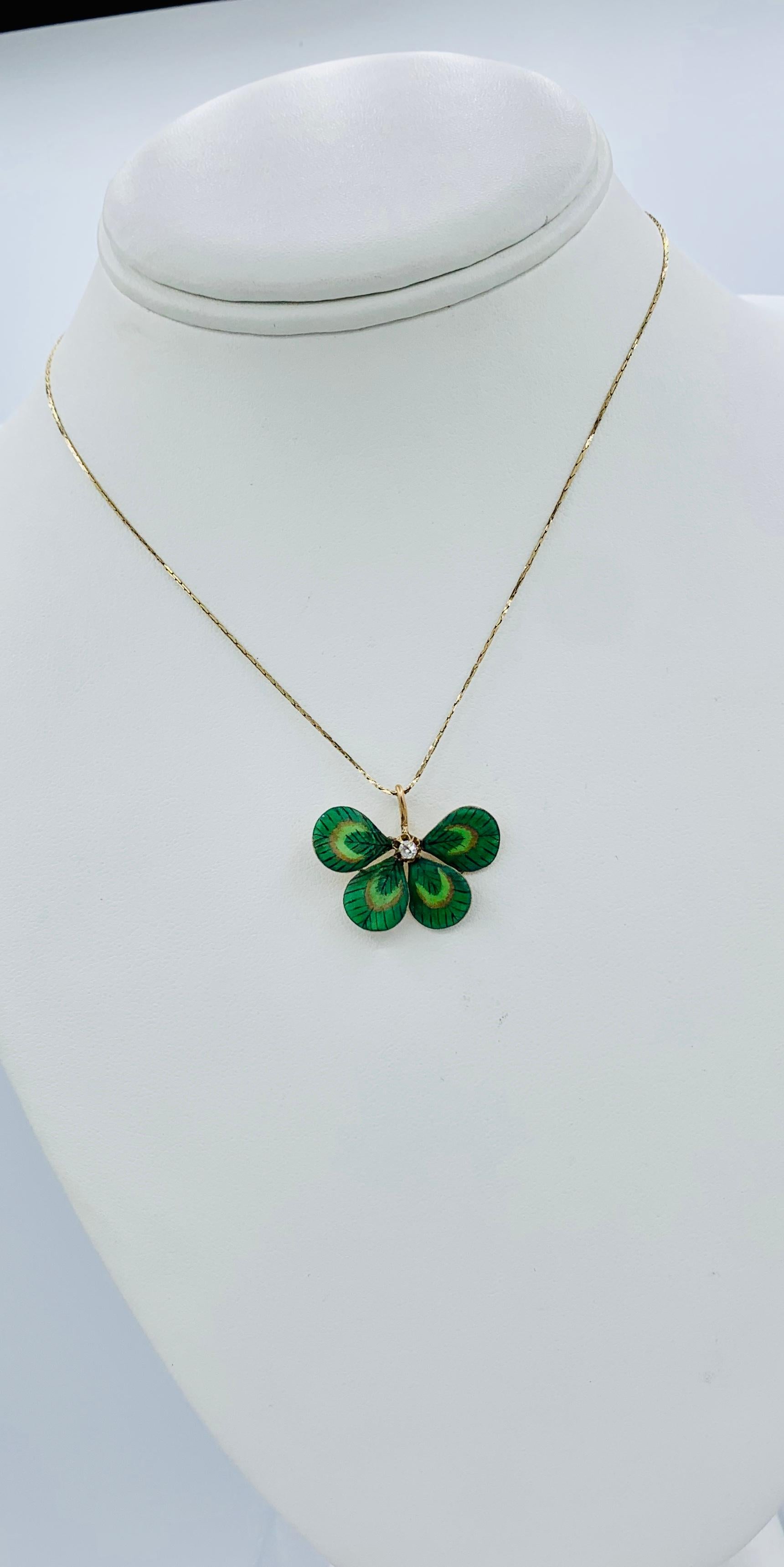 Diamond Enamel Four Leaf Clover Shamrock Flower Pendant Antique, Victorian In Good Condition For Sale In New York, NY