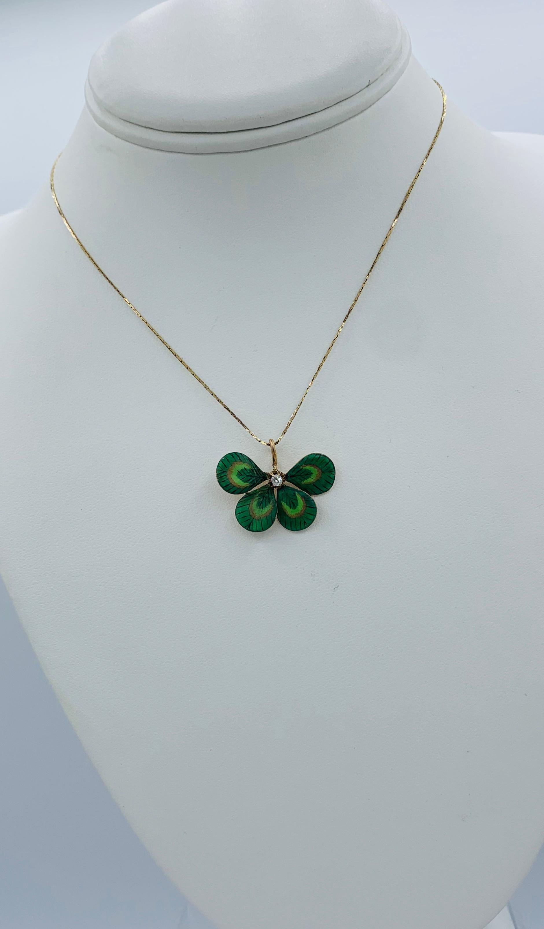 Women's Diamond Enamel Four Leaf Clover Shamrock Flower Pendant Antique, Victorian For Sale