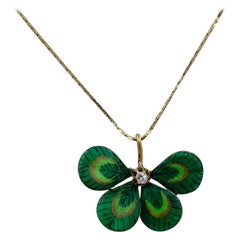 Diamond Enamel Four Leaf Clover Shamrock Flower Pendant Vintage, Victorian